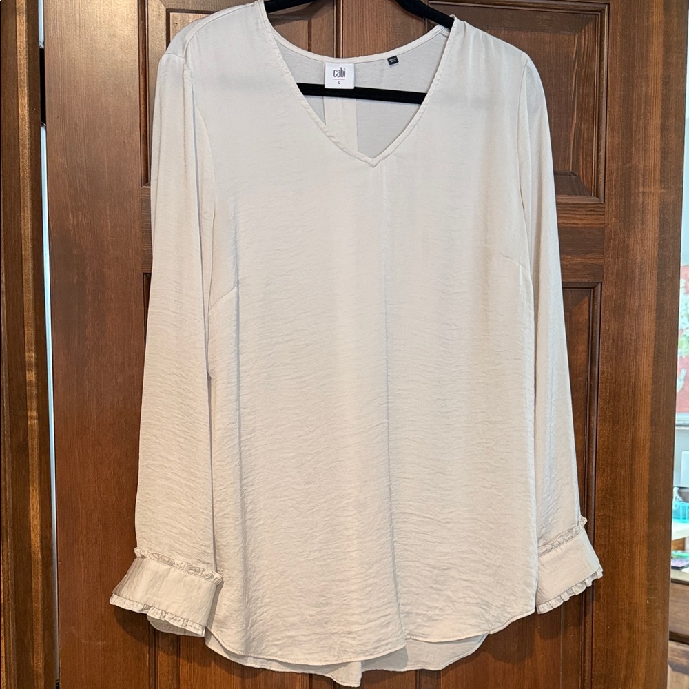CAbi Cream V-Neck Ruffle Cuff Blouse